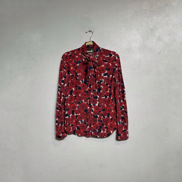 Love Moschino Red Floral Neck Tie Bow Blouse Sz 8 - Picture 2 of 13